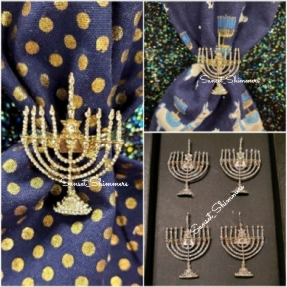 RACHEL Rachel Roy Other - 𝅺4PC Set Silver Hanukkah Napkin Rings Rhinestone Crystal Minorah 2.5" New